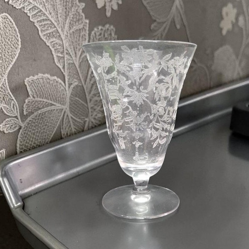 Morgantown Lace Bouquet Iced Tea Glass, Vintage Etched Floral Stemware Drinkware